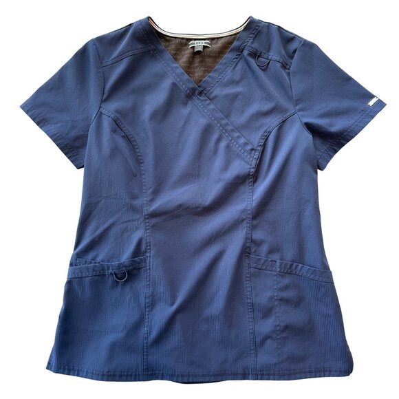 Elle Womens Navy Blue Medical Scrub Top Medium Side Zip Stretch Pockets Lightwei - Picture 1 of 7